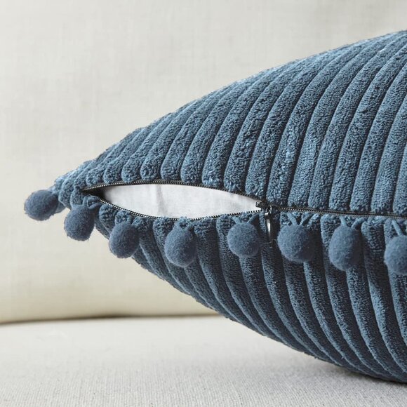 Navy Blue Corduroy Luxury Velvet Pompom Bed/Sofa Throw Pillow Cover/Case Set - Picture 4 of 8